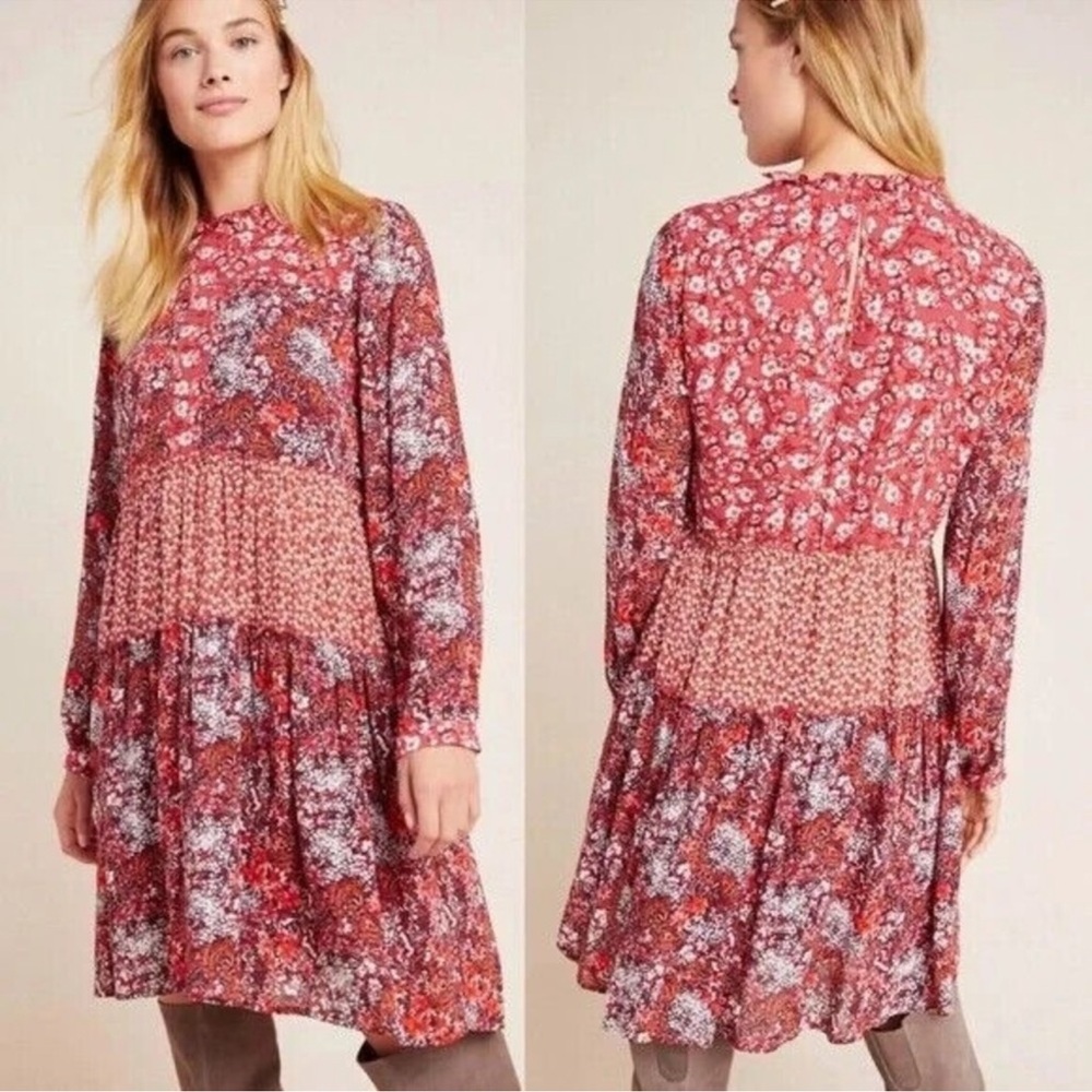 Maeve for Anthropologie Esther Tiered Patchwork Tunic Dress Size Medium Red